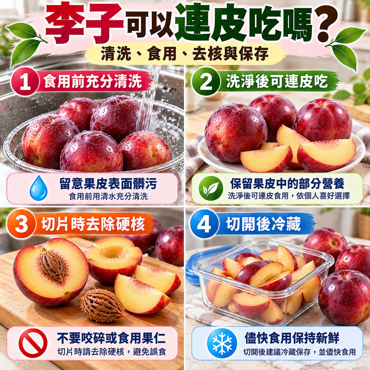 李子連皮食用方法，清洗表面、切片去核與切後冷藏保存