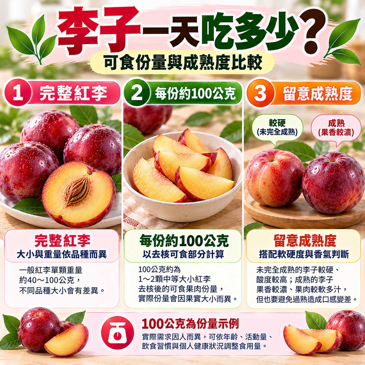 李子一天吃多少？完整紅李、100公克去核果肉與成熟度比較