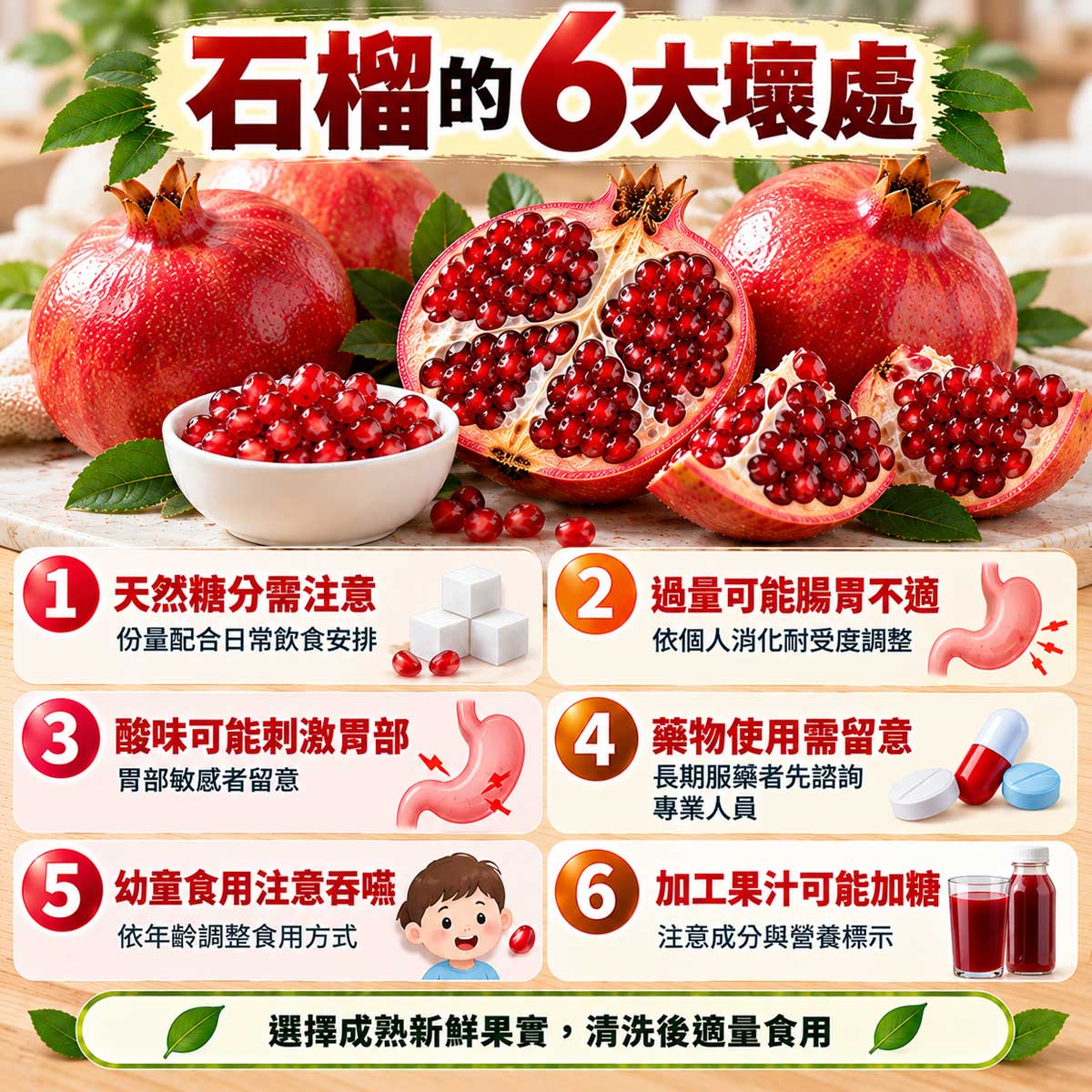石榴6大壞處，天然糖分、腸胃不適、酸味刺激、藥物使用與幼童吞嚥注意
