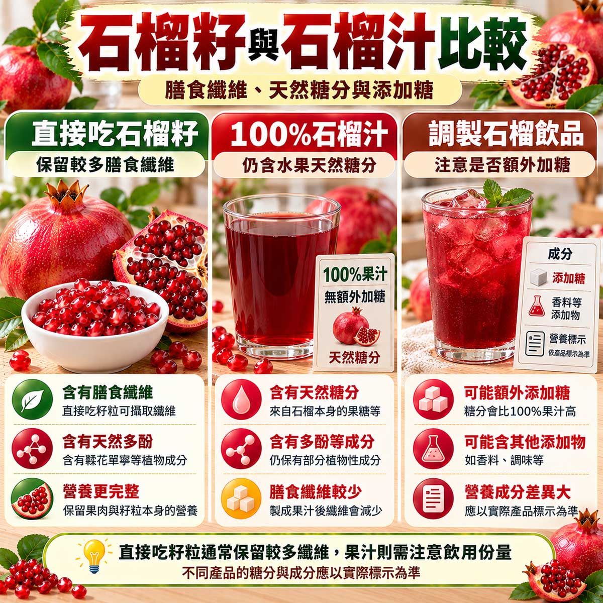石榴籽與石榴汁比較，膳食纖維、天然糖分、添加糖與份量差異
