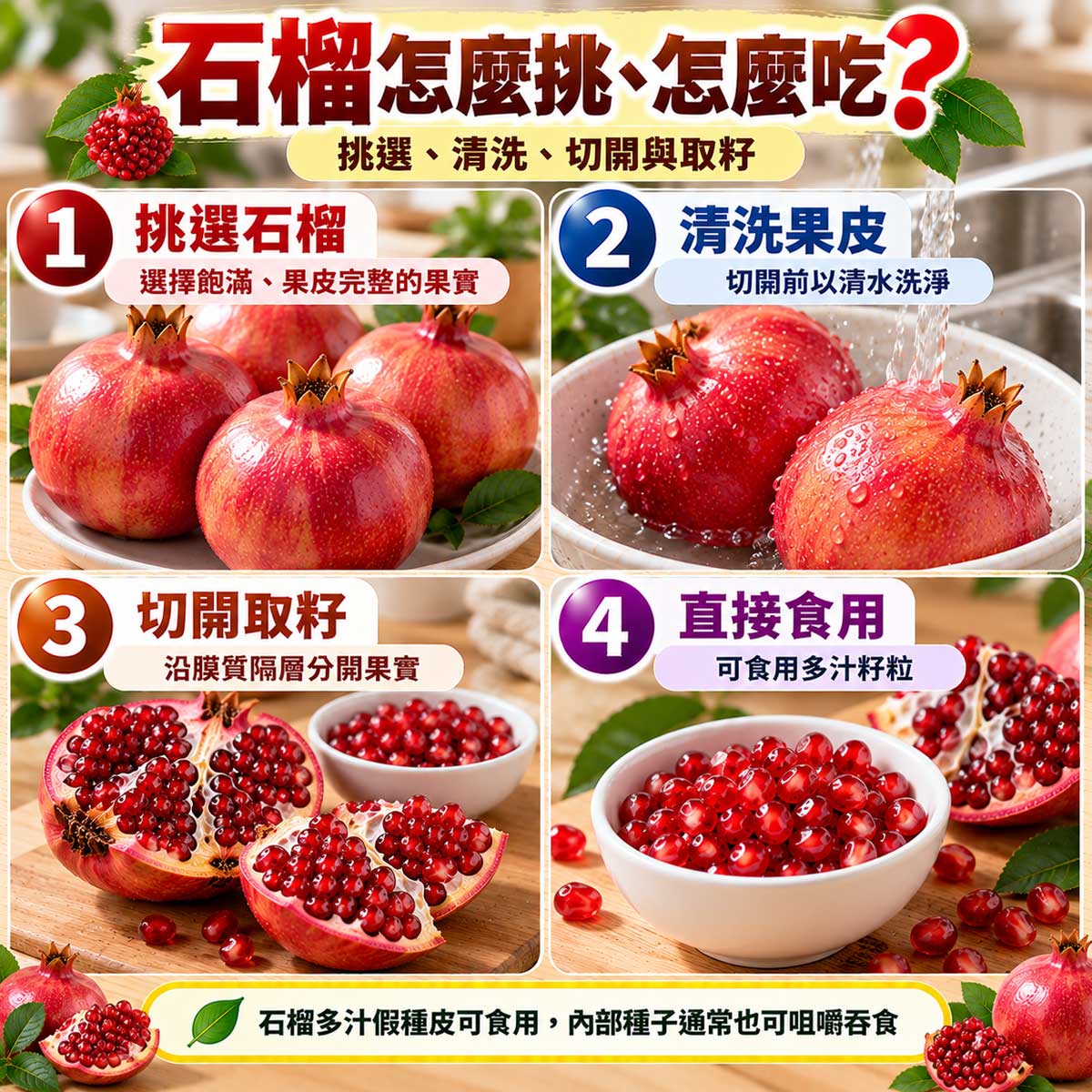 石榴怎麼挑、怎麼吃？挑選成熟石榴、清洗果皮、切開與取出紅色籽粒