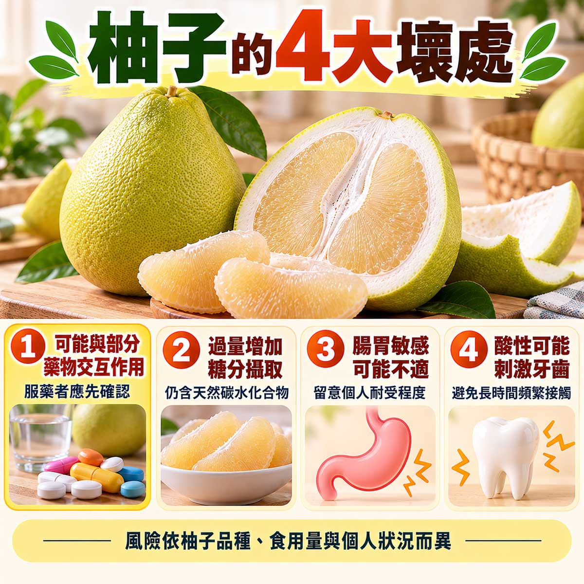 柚子4大壞處，藥物交互作用、糖分攝取、腸胃不適與牙齒酸蝕風險｜北投之家水果買賣平台