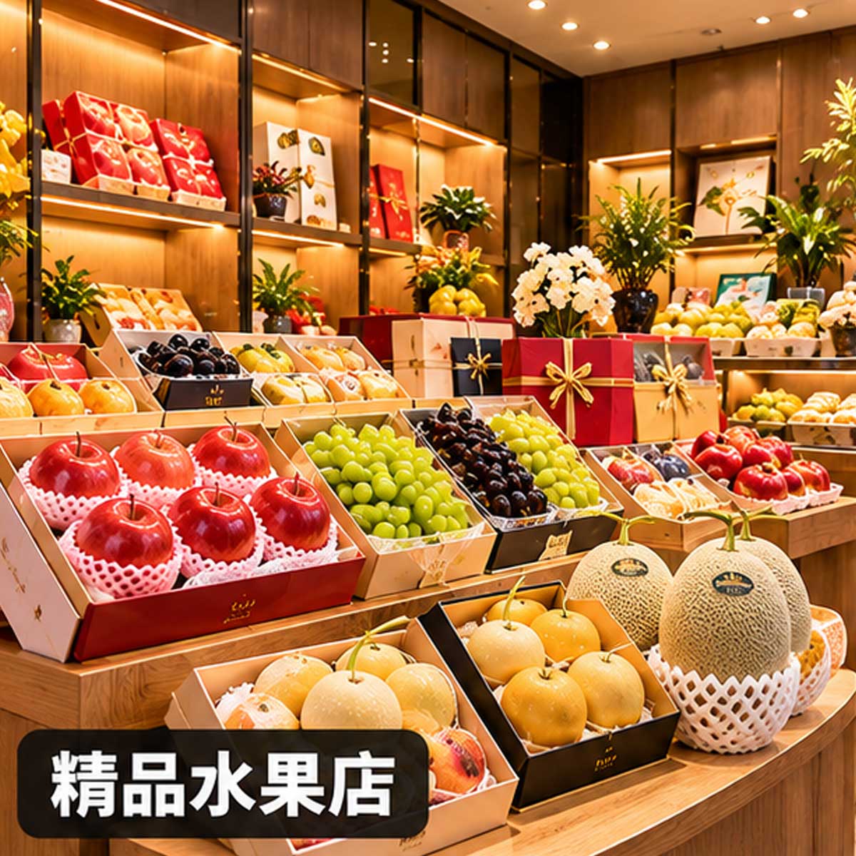 精品水果店的精緻水果陳列與禮盒包裝示意