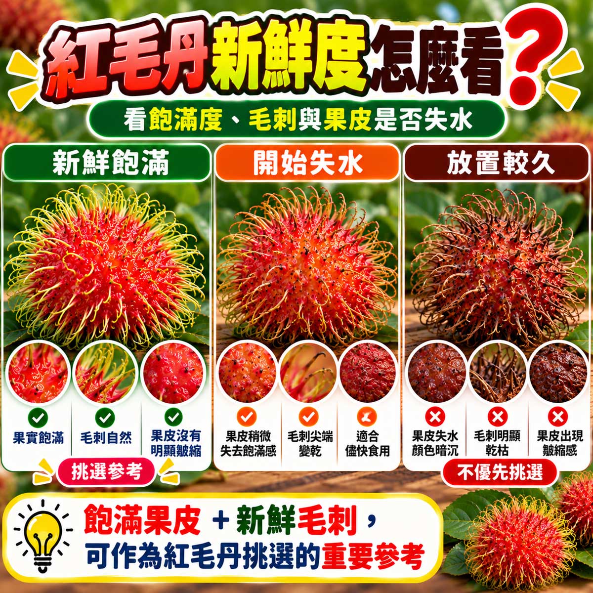 紅毛丹新鮮毛刺乾褐失水與黑軟異常果況比較