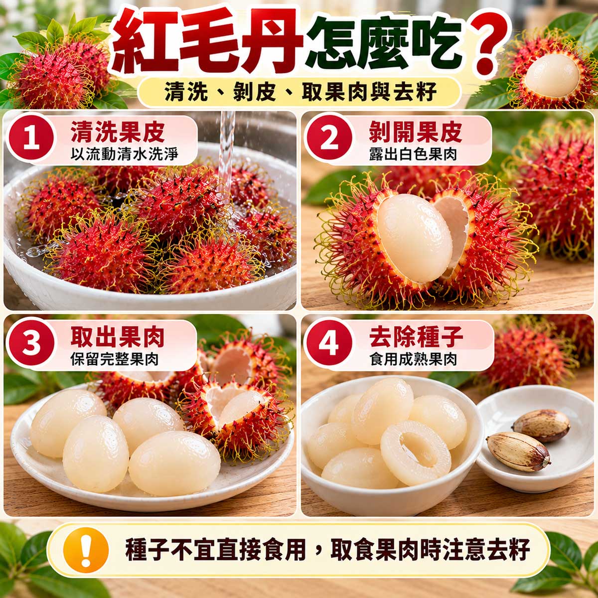 紅毛丹怎麼吃？清洗、剝皮、取出白色果肉與去除種子四步驟