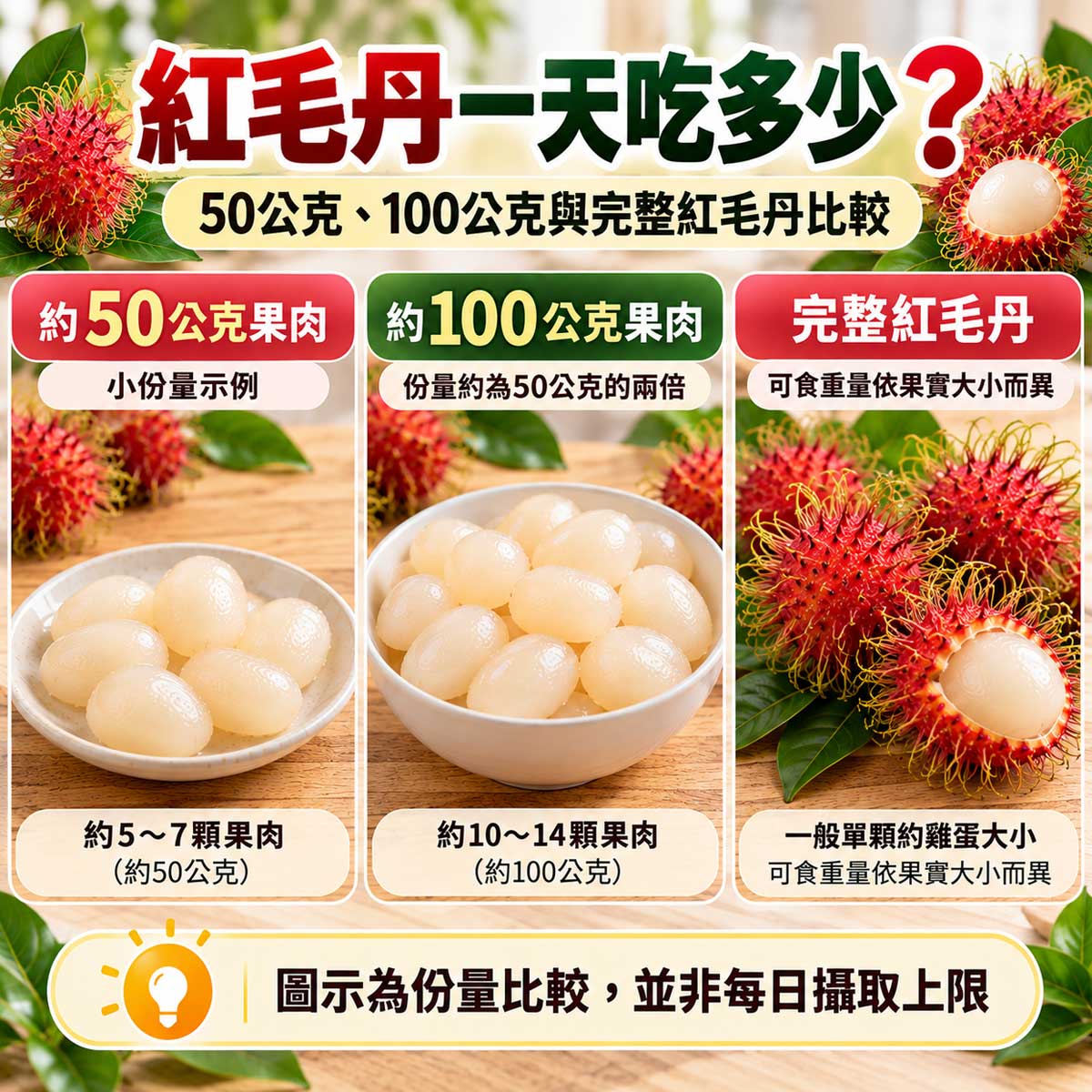 紅毛丹一天吃多少？50公克與100公克去皮去籽果肉及完整紅毛丹份量比較