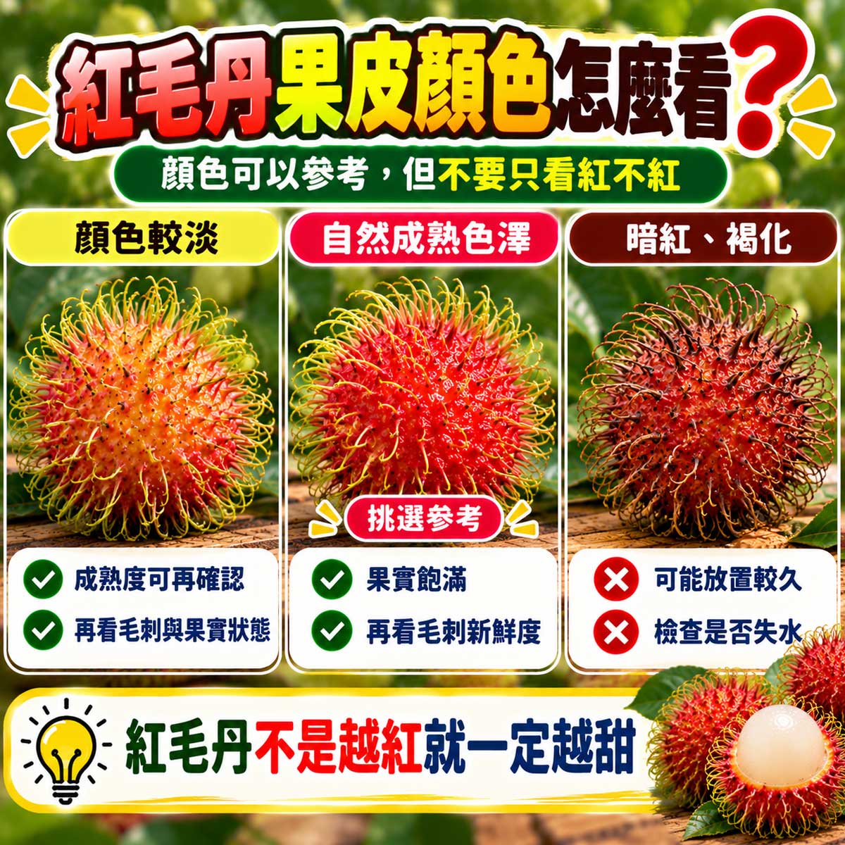紅毛丹自然果皮色澤完整果皮與異常黑軟比較