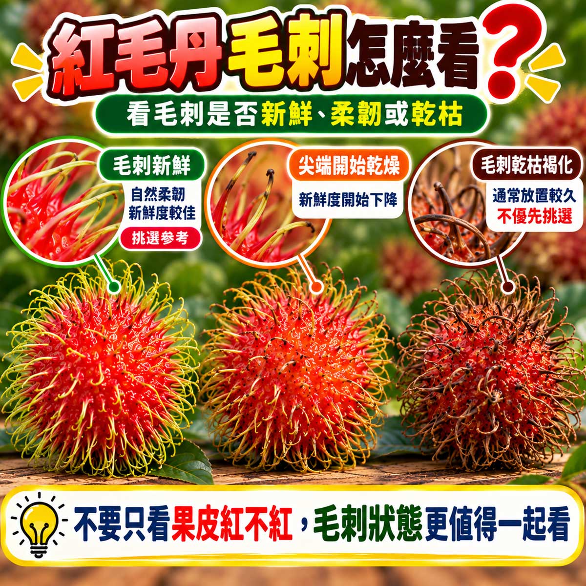 紅毛丹毛刺有彈性毛尖乾褐與大量乾黑比較