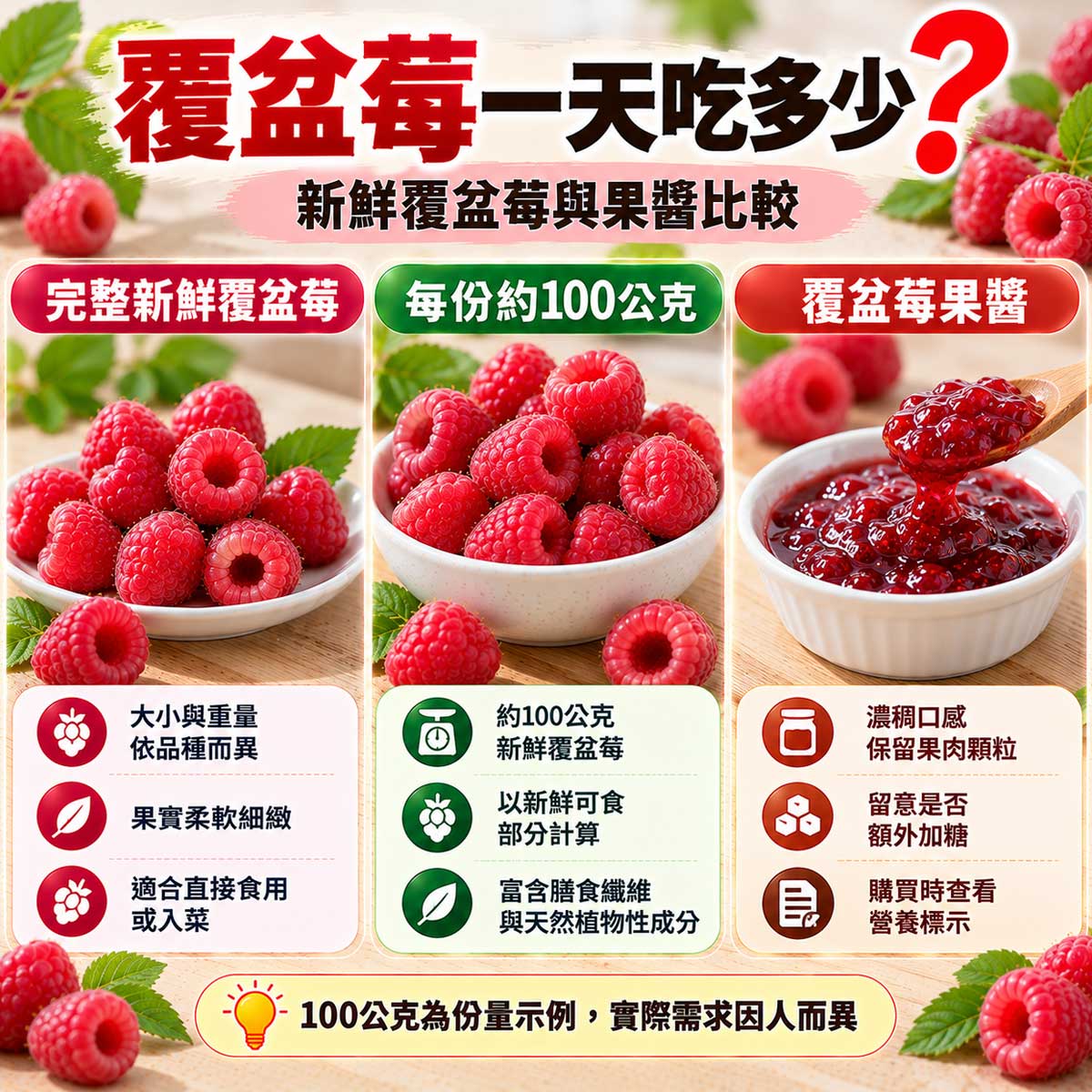 覆盆莓一天吃多少?完整覆盆莓、100公克新鮮覆盆莓與果醬比較