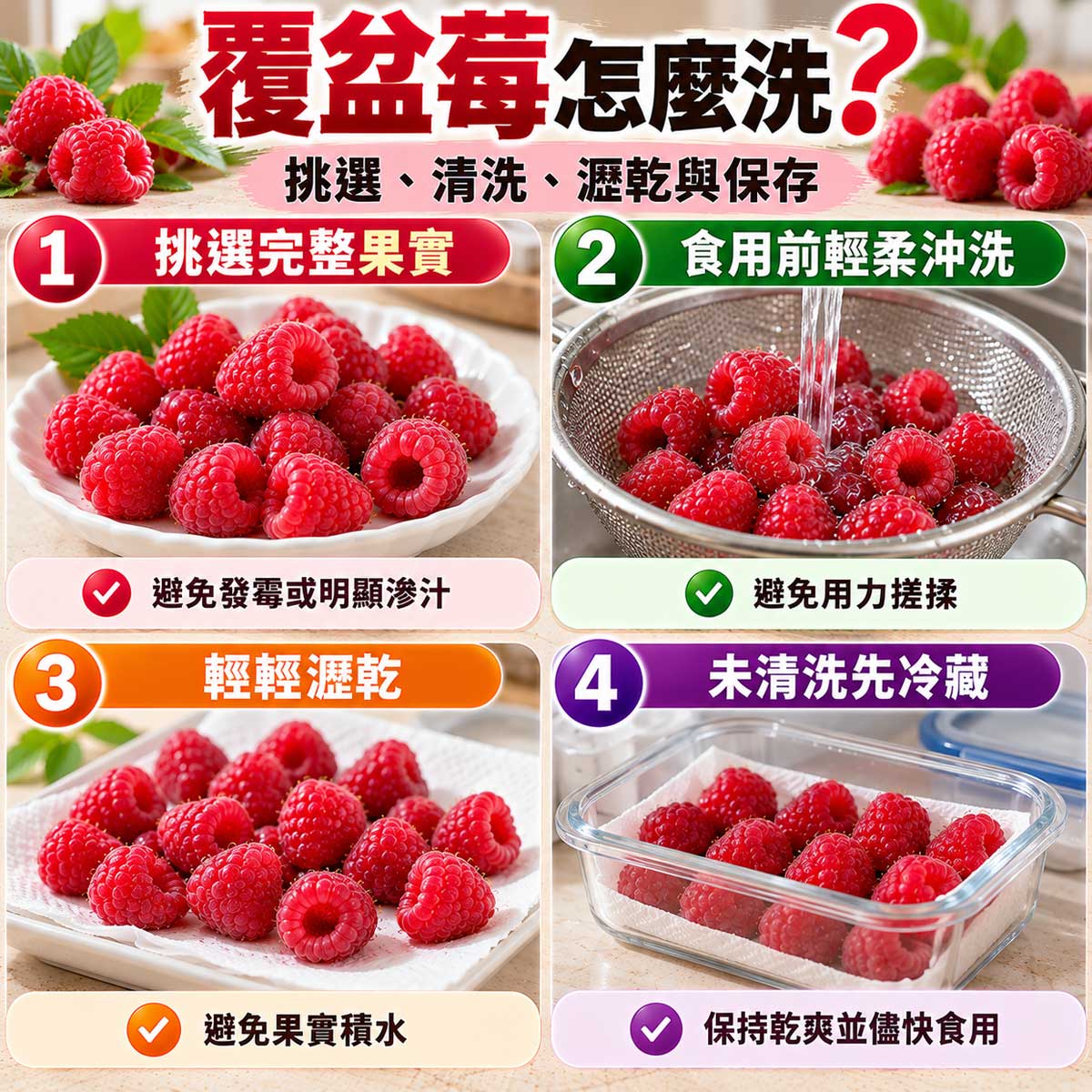 覆盆莓怎麼洗?新鮮覆盆莓挑選、輕柔清洗、瀝乾與冷藏保存教學