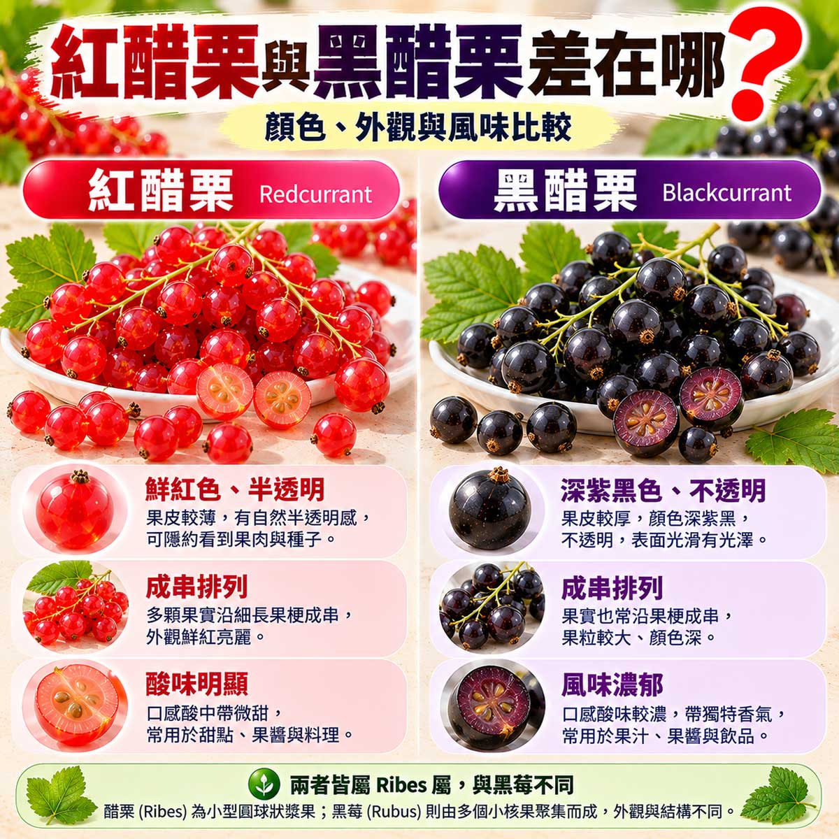 紅醋栗與黑醋栗差別,紅色半透明果實與深紫黑色果實外觀比較