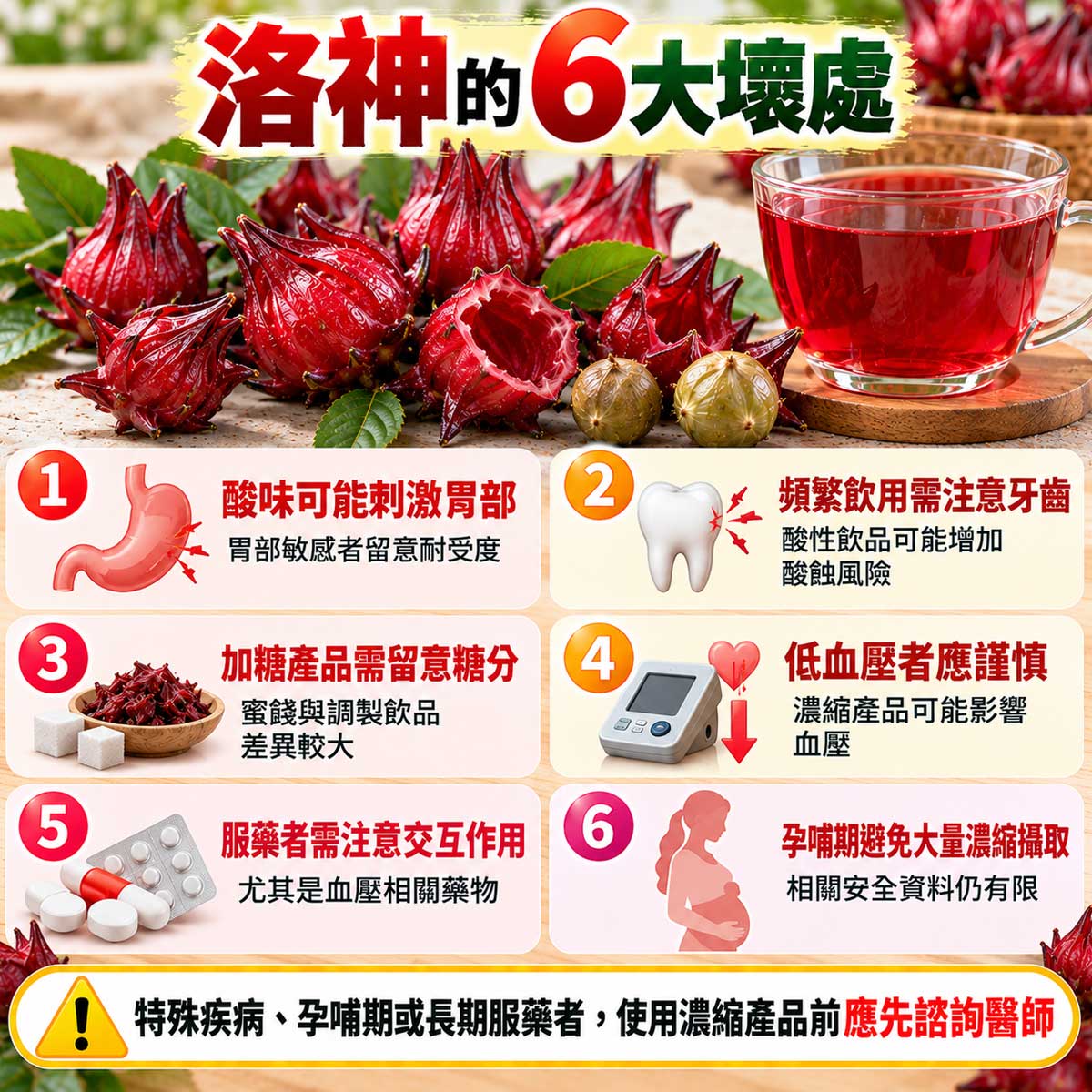 洛神6大壞處，胃部刺激、牙齒酸蝕、添加糖、低血壓、藥物與孕哺期注意事項