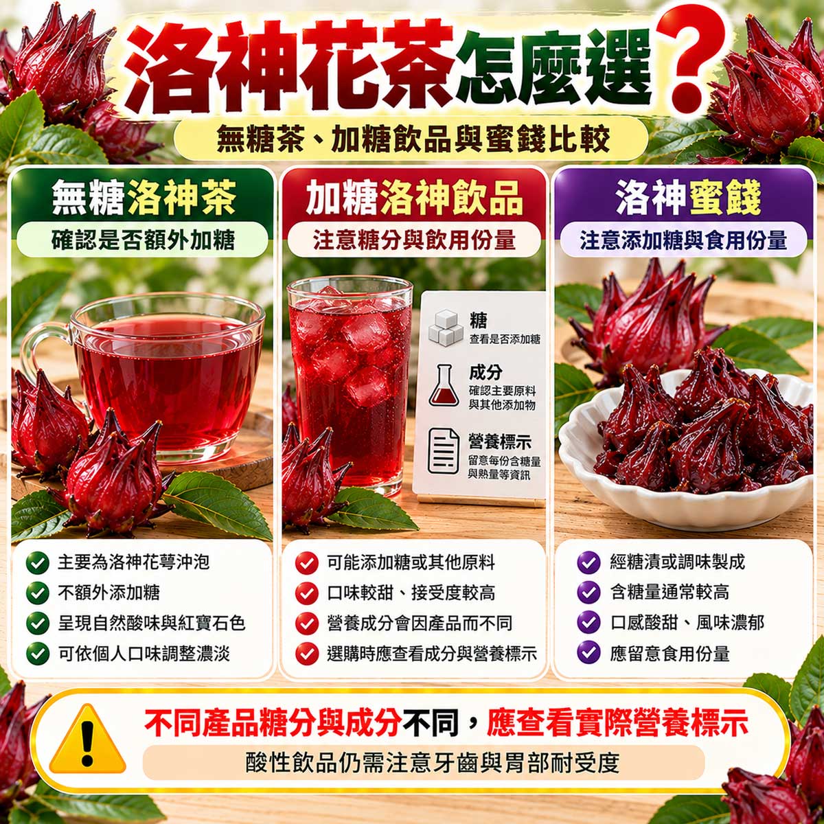 洛神花茶怎麼選？無糖茶、加糖洛神飲品與洛神蜜餞的糖分及食用注意比較