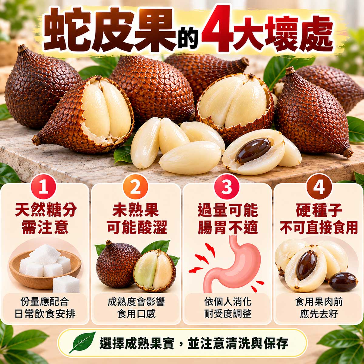 蛇皮果4大壞處，天然糖分、未熟果酸澀、腸胃不適與硬種子注意事項