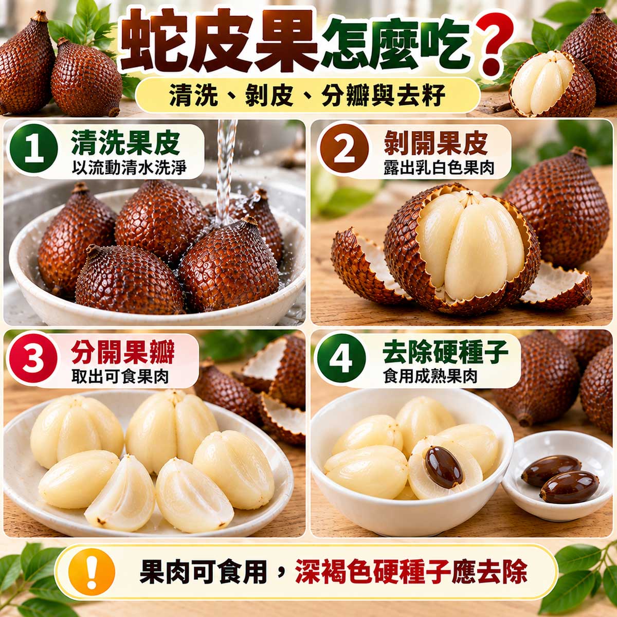 蛇皮果怎麼吃？清洗、剝除鱗片果皮、分開果瓣與去除硬種子四步驟