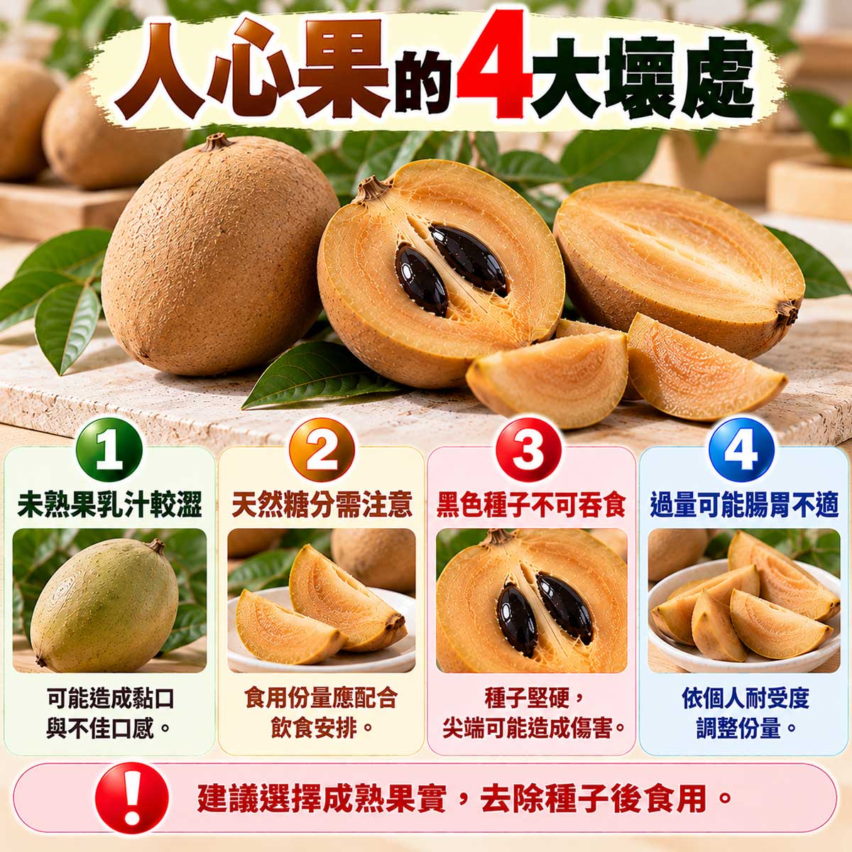 人心果4大壞處，未熟果乳汁、天然糖分、黑色種子與腸胃不適注意事項