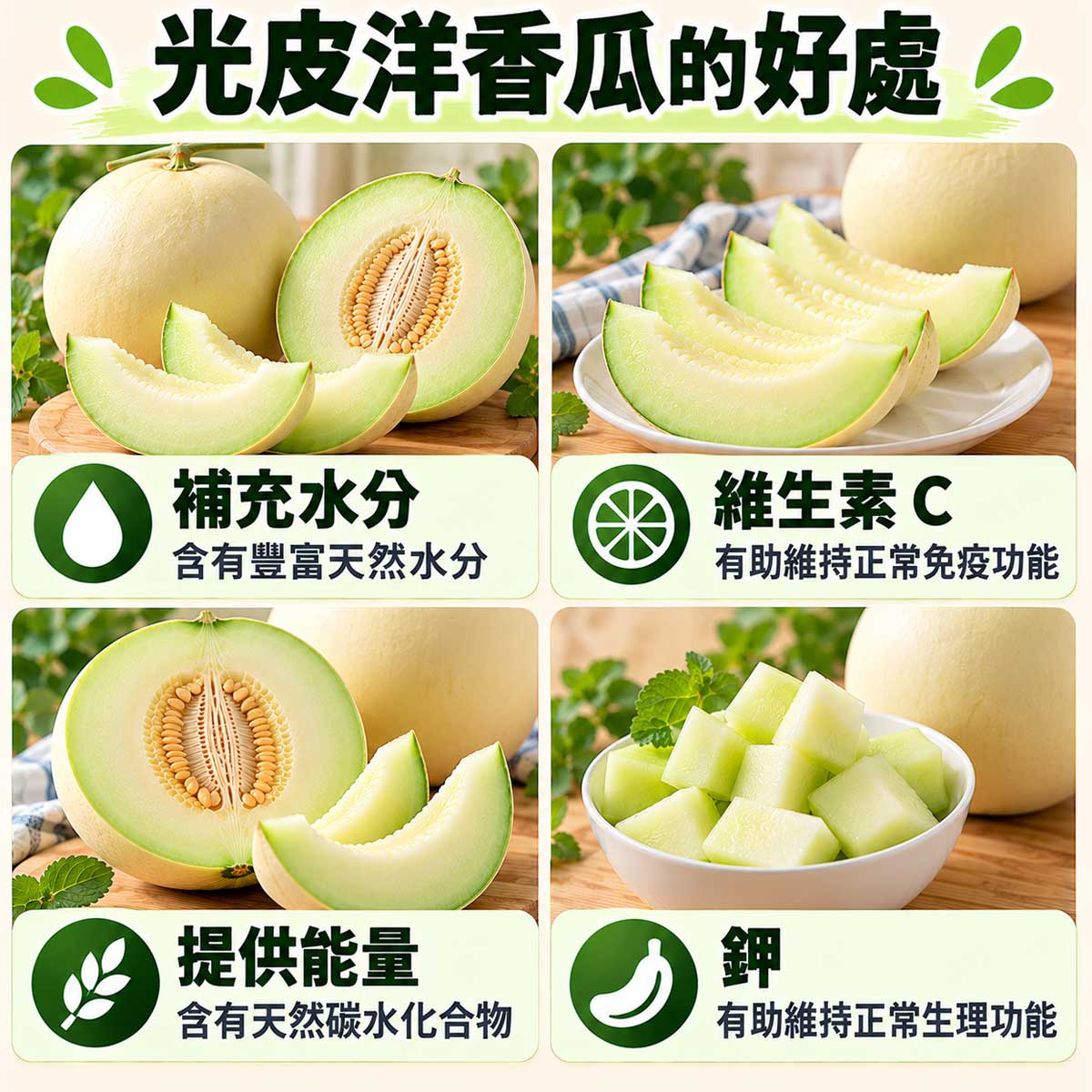 光皮洋香瓜4大好處，水分維生素C能量與鉀的營養角色