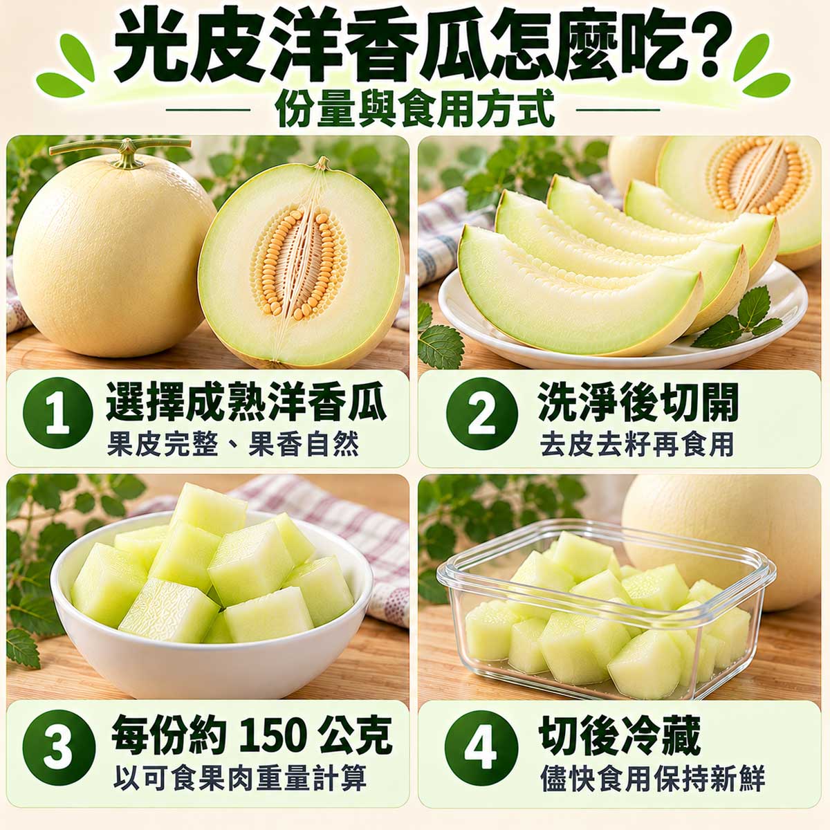 光皮洋香瓜食用指南，洗淨去皮去籽約150公克果肉與切後冷藏