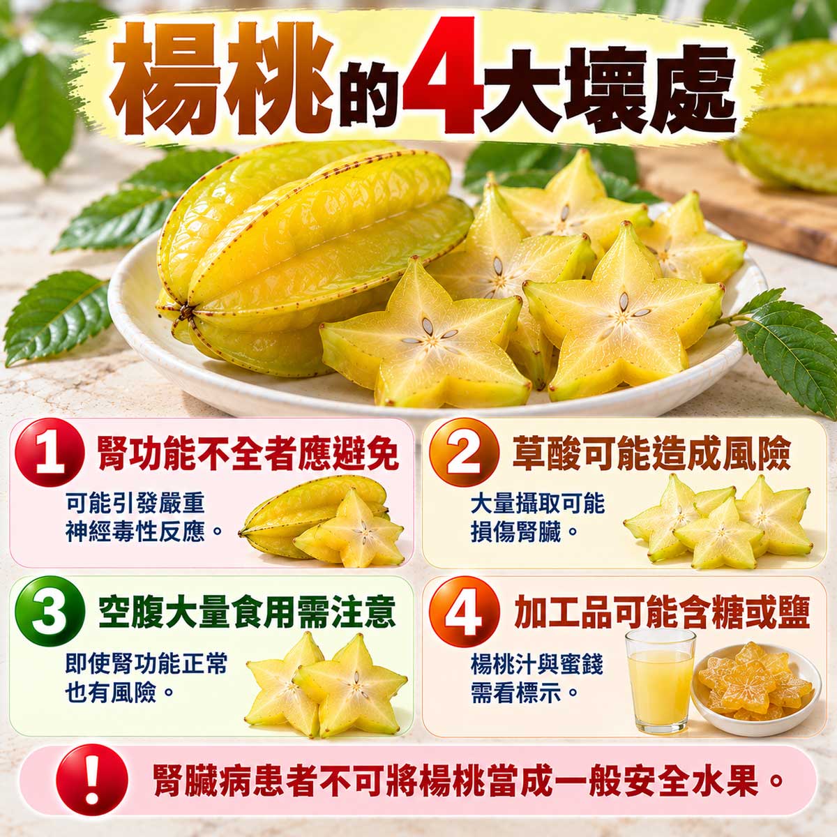 楊桃4大壞處，腎功能不全者食用風險、草酸、空腹大量攝取與加工品注意事項
