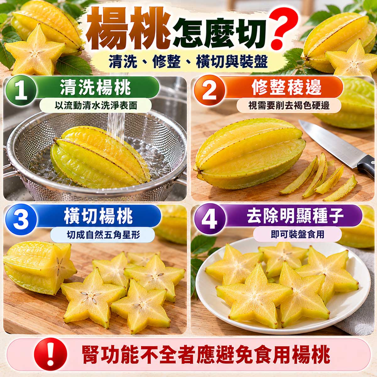 楊桃怎麼切？清洗楊桃、修整稜邊、橫切五角星形與去除種子教學