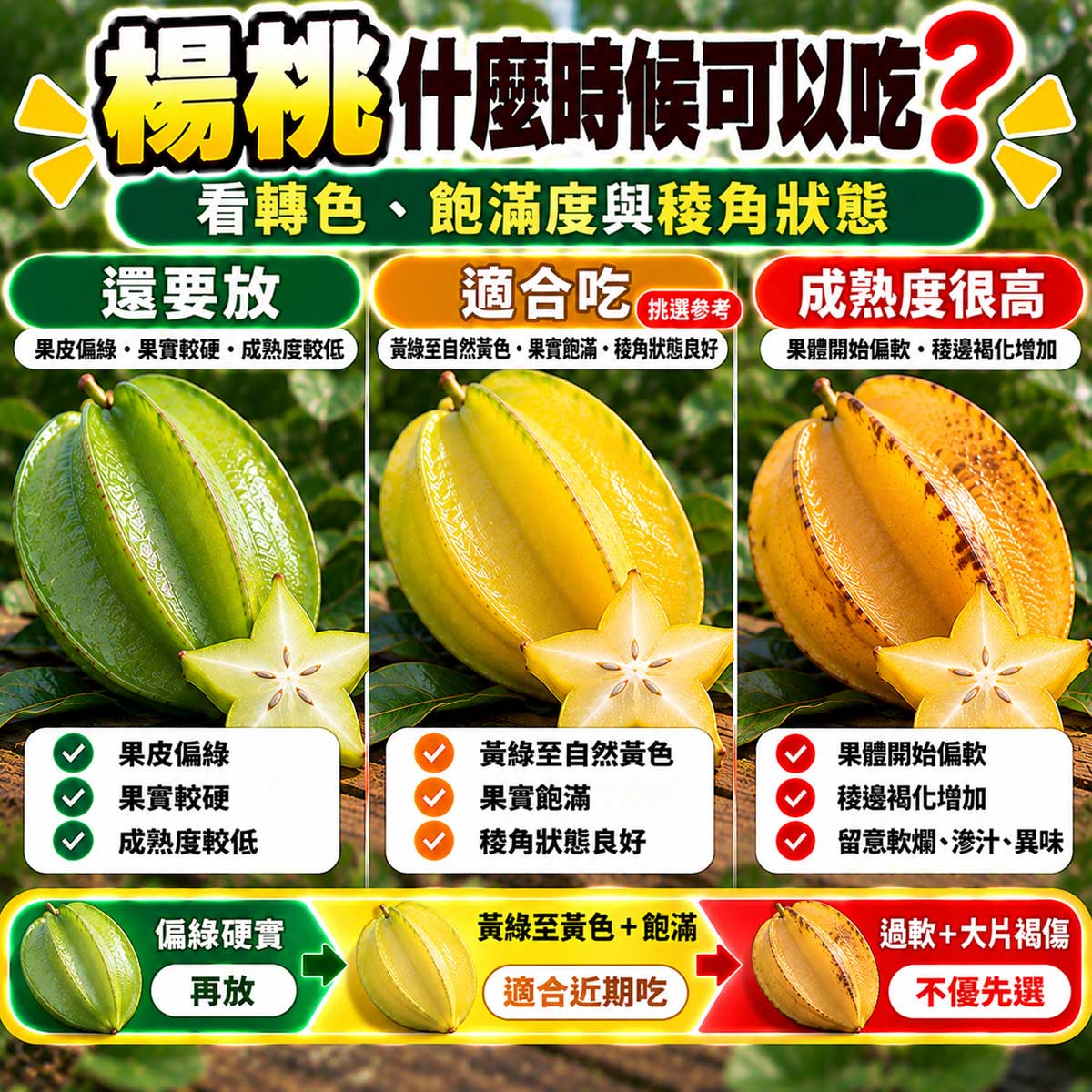 楊桃偏青黃中帶綠金黃成熟與暗黃過熟比較