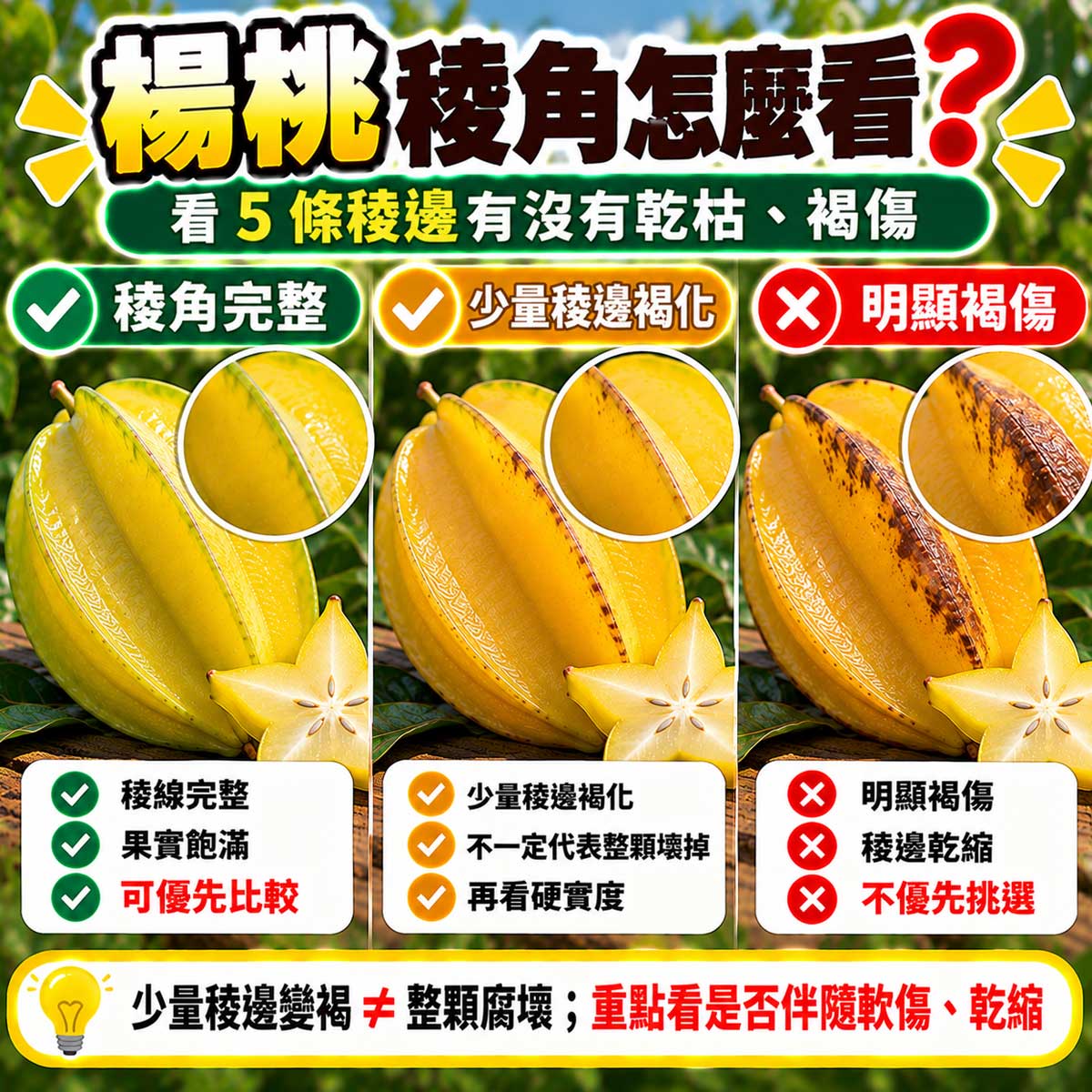 楊桃肥厚果稜正常稜邊乾褐與黑軟稜邊放大比較
