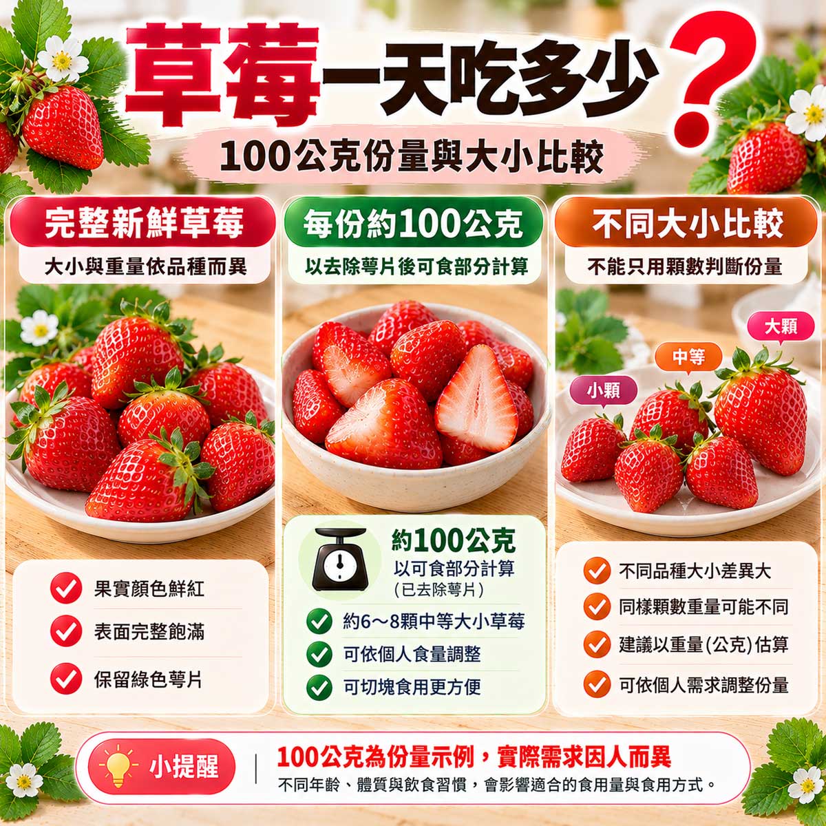 草莓一天吃多少？完整草莓、100公克可食果肉與不同大小草莓比較