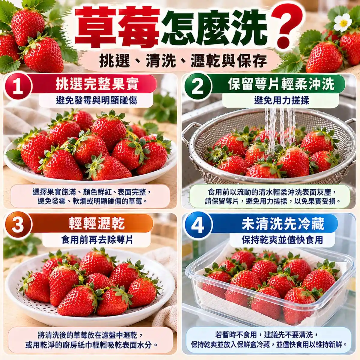 草莓怎麼洗？保留萼片清洗、輕柔沖水、瀝乾與冷藏保存教學