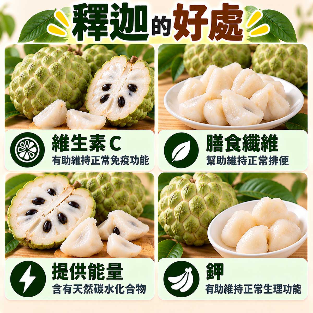 釋迦4大營養重點，維生素C、膳食纖維、能量與鉀