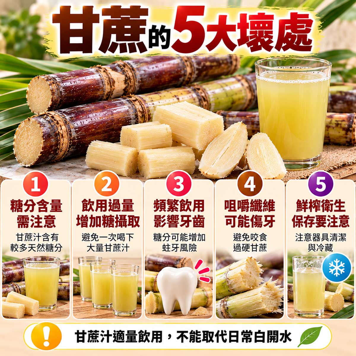 甘蔗5大壞處，糖分、過量飲用、牙齒健康、粗硬纖維與鮮榨衛生注意事項