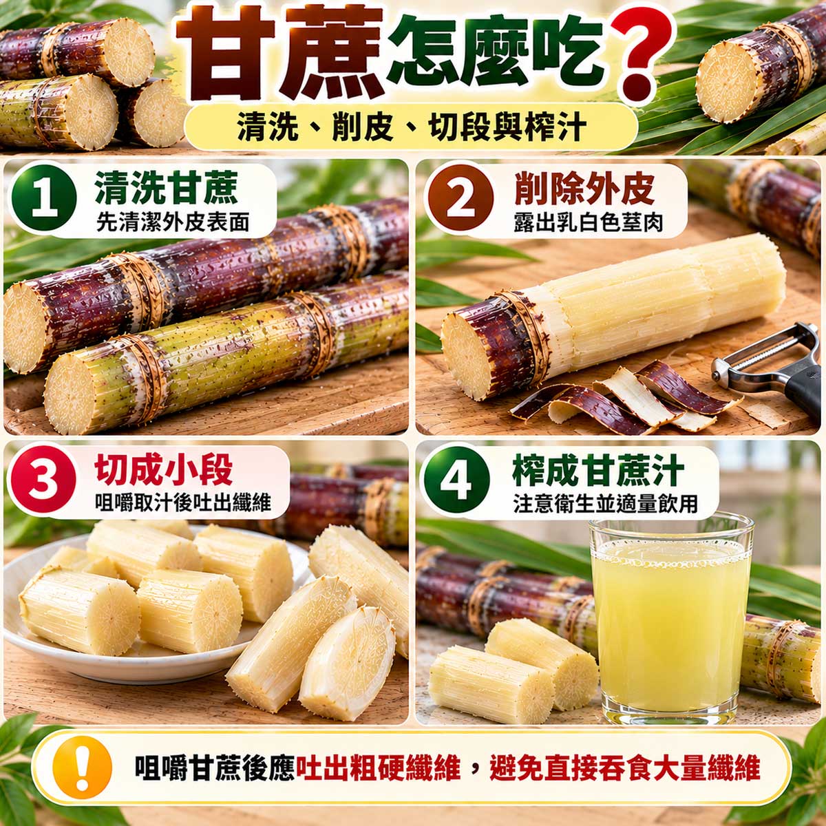甘蔗怎麼吃？清洗、削皮、切段咀嚼取汁並吐出纖維，以及榨汁教學