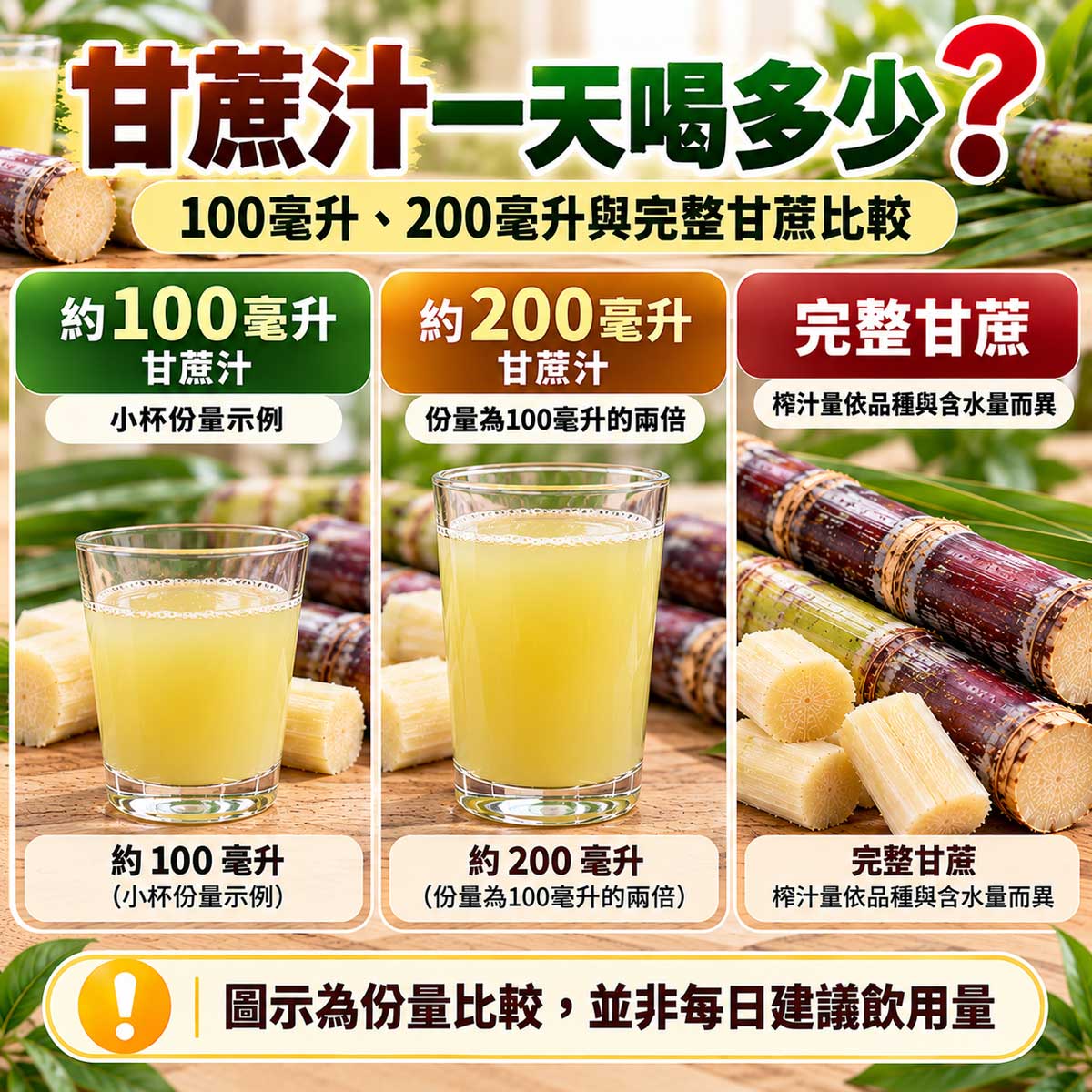 甘蔗汁一天喝多少？100毫升與200毫升甘蔗汁及完整甘蔗份量比較