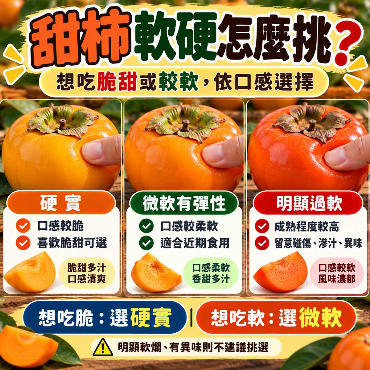 甜柿硬實微軟有彈性與明顯過軟口感比較