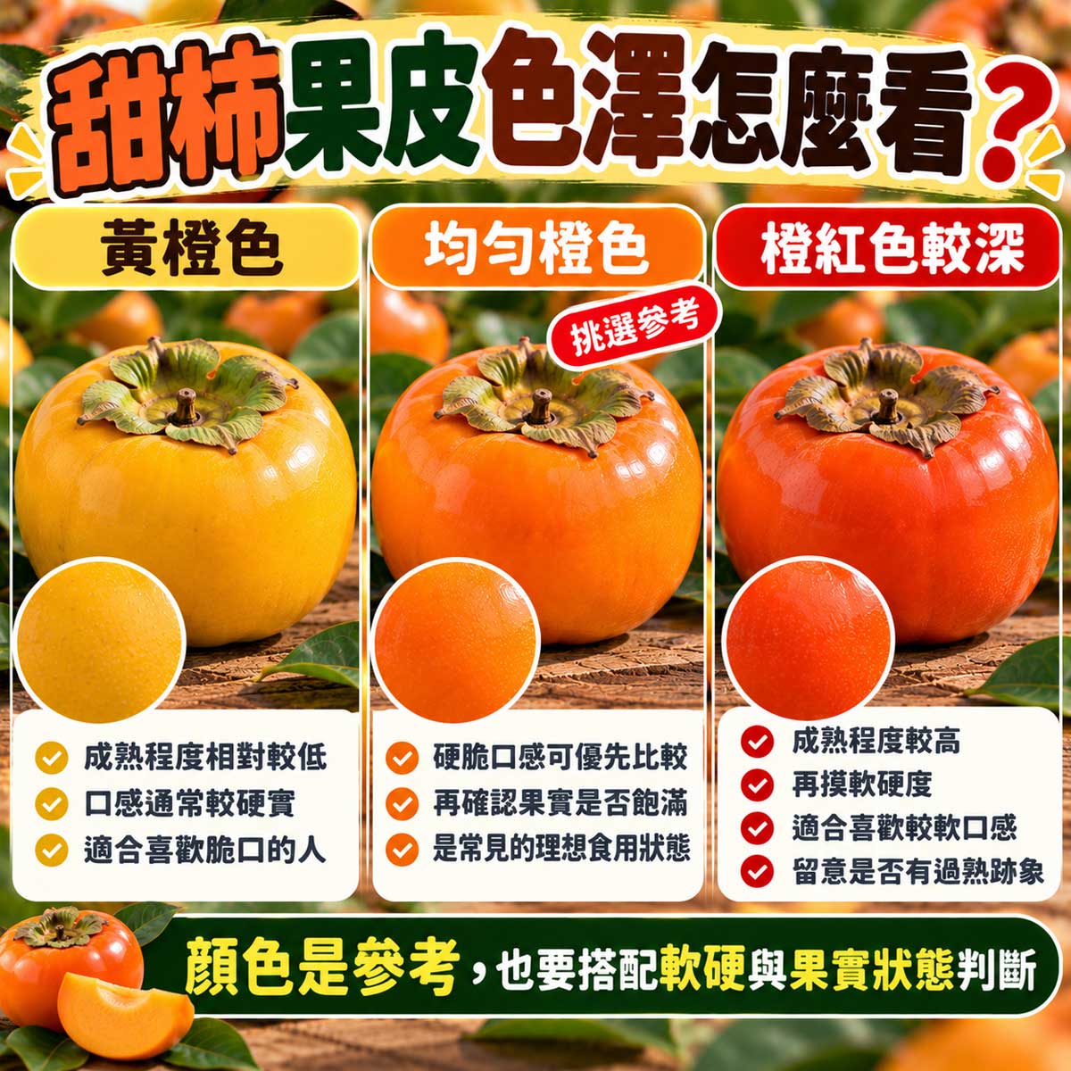 甜柿黃橙色均勻橙色與較深橙紅色成熟比較