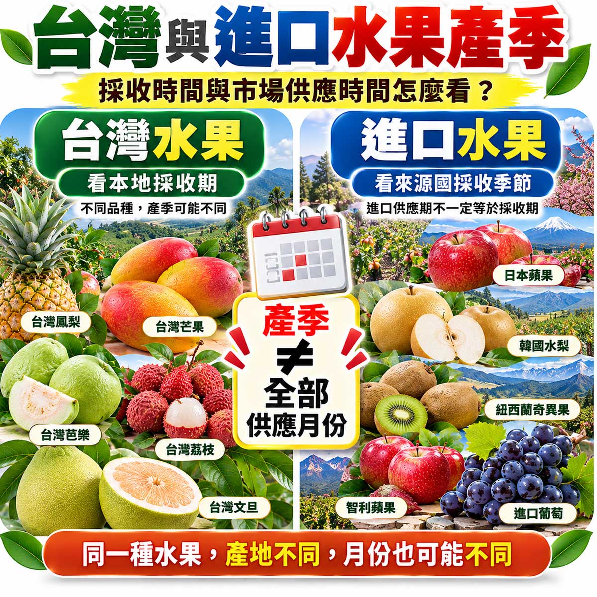 比較台灣水果產季、進口水果採收與市場供應時間的示意圖