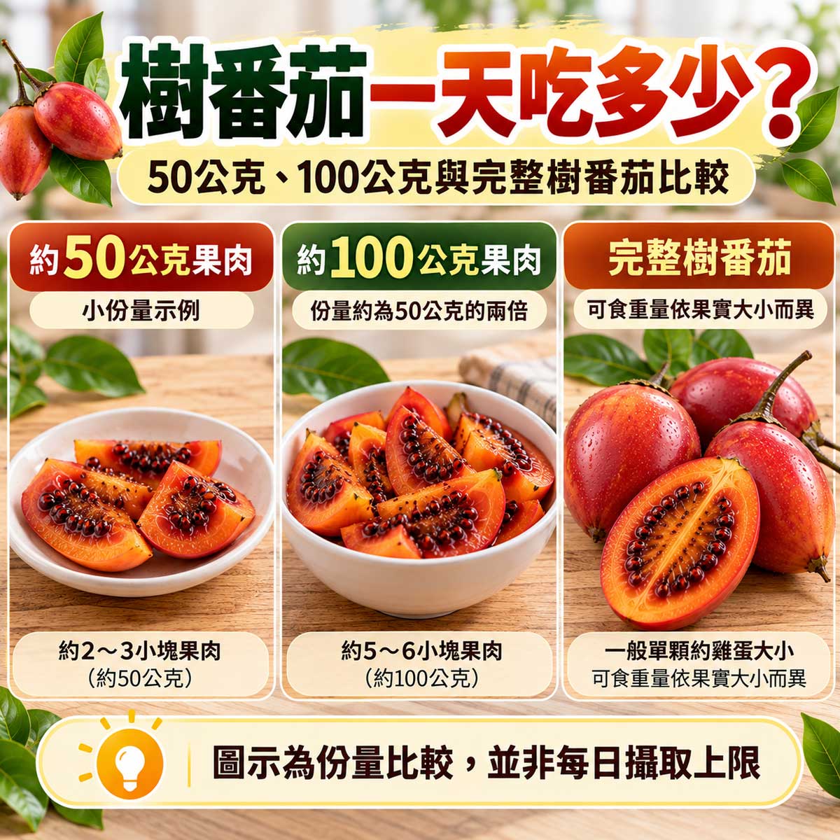樹番茄一天吃多少？50公克與100公克樹番茄可食果肉、籽囊及完整果實份量比較