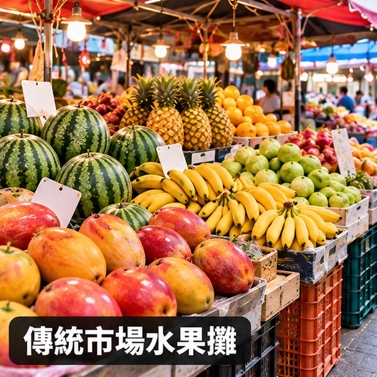 傳統市場水果攤的當季水果與開放式陳列示意