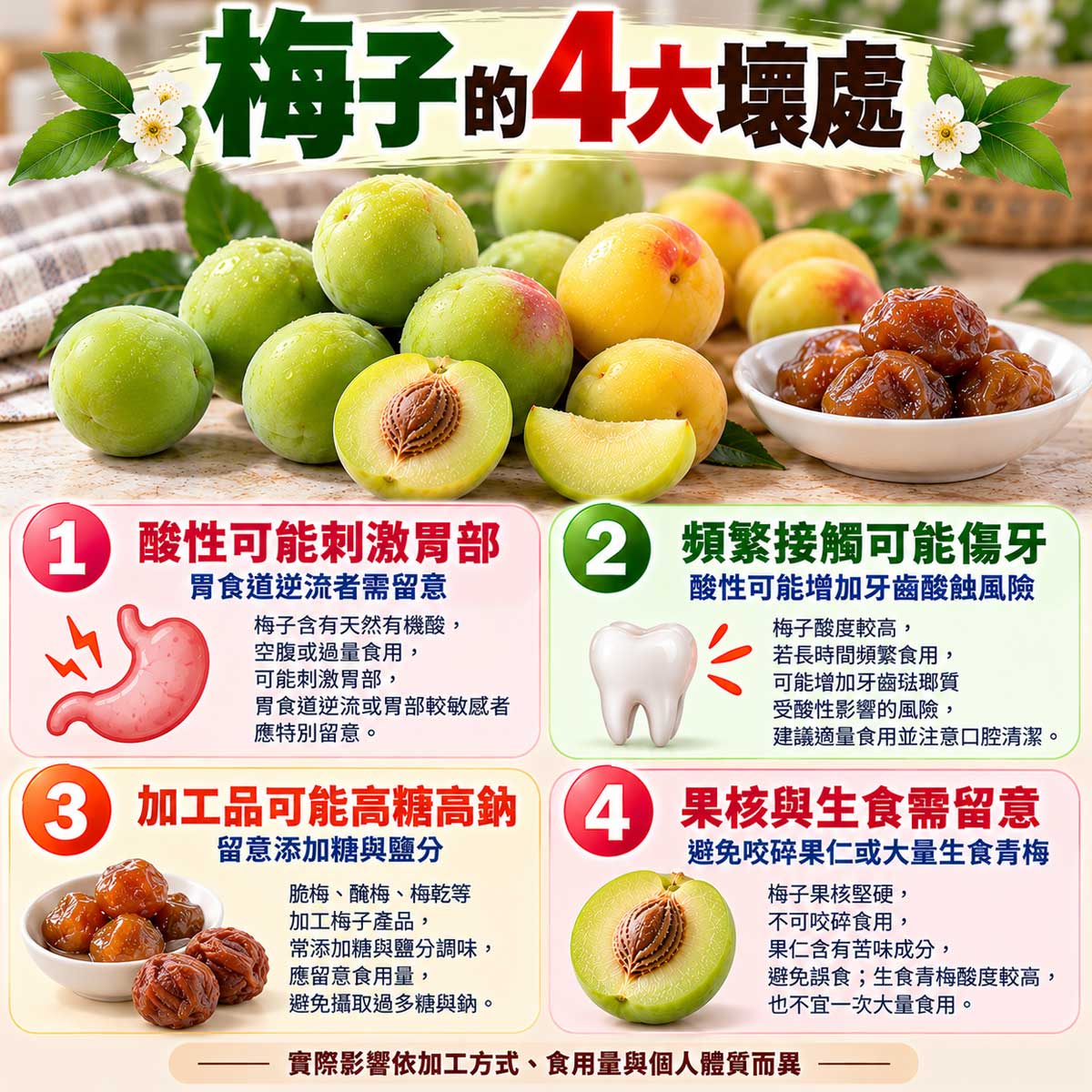 梅子4項注意，胃部酸性刺激、牙齒酸蝕、加工糖鈉與青梅及果核食用風險