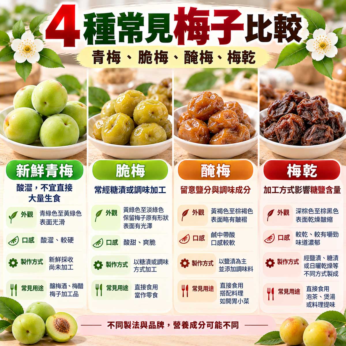 新鮮青梅、脆梅、醃梅與梅乾的外觀、加工方式和糖鹽差異比較