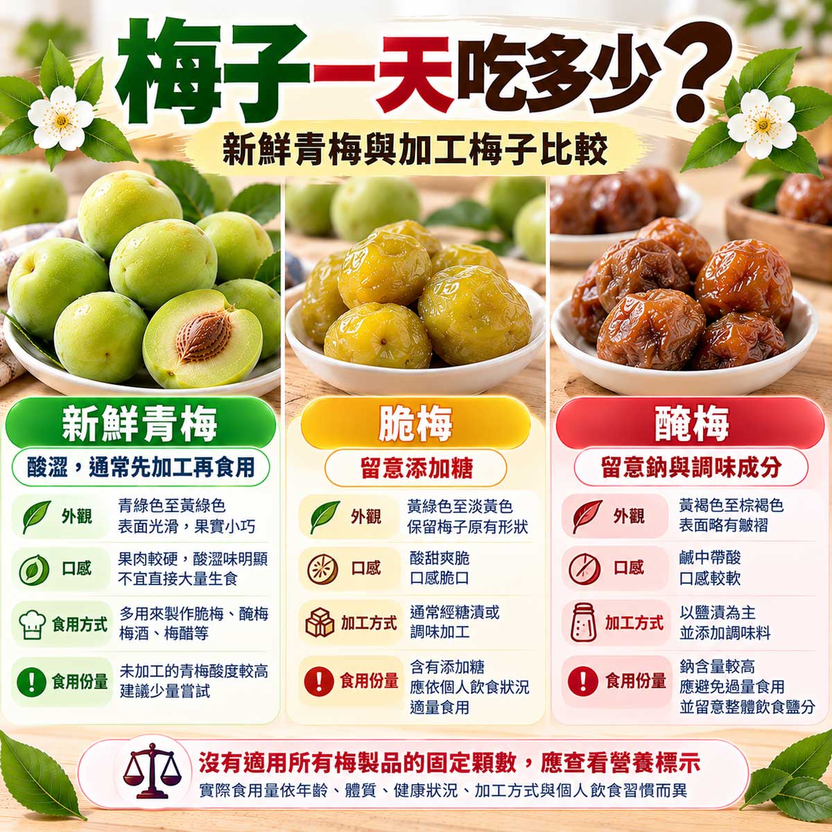 梅子食用份量比較，新鮮青梅加工原料、脆梅添加糖與醃梅鈉含量注意