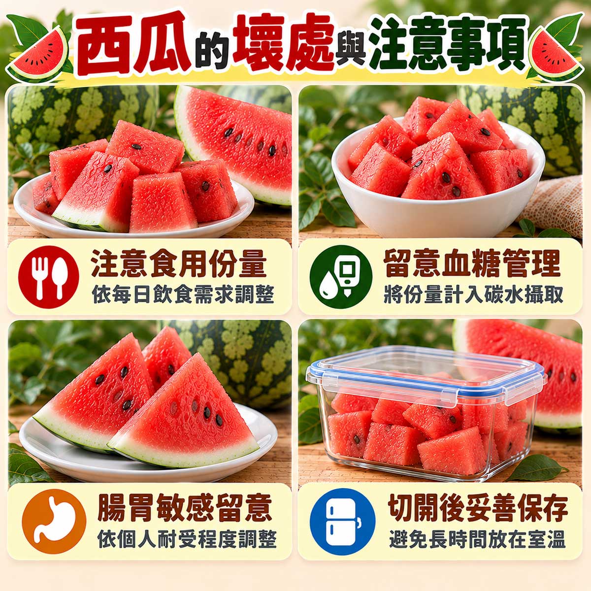 西瓜食用注意，份量、血糖管理、腸胃敏感及切後妥善保存