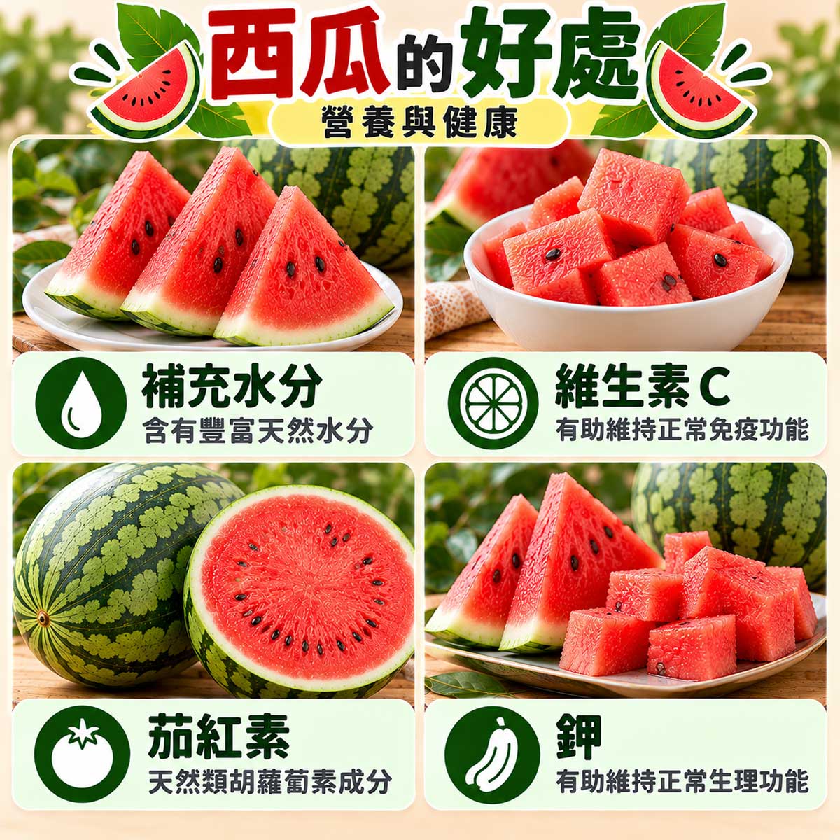 西瓜4大營養重點，補充水分、維生素C、茄紅素與鉀