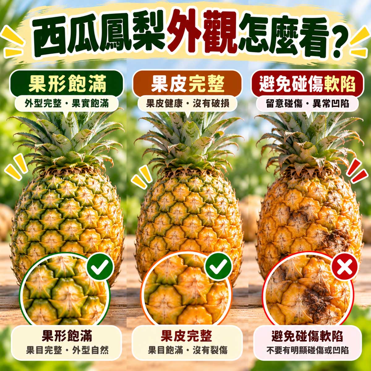西瓜鳳梨果形飽滿果皮完整與碰傷軟陷比較