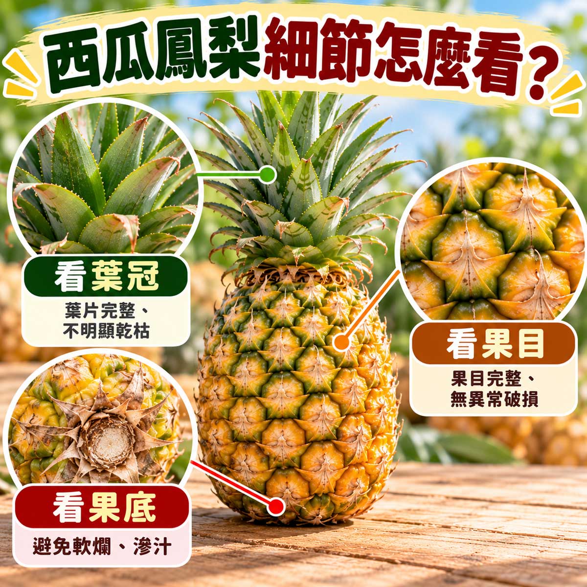 西瓜鳳梨葉冠果目與果底乾爽檢查