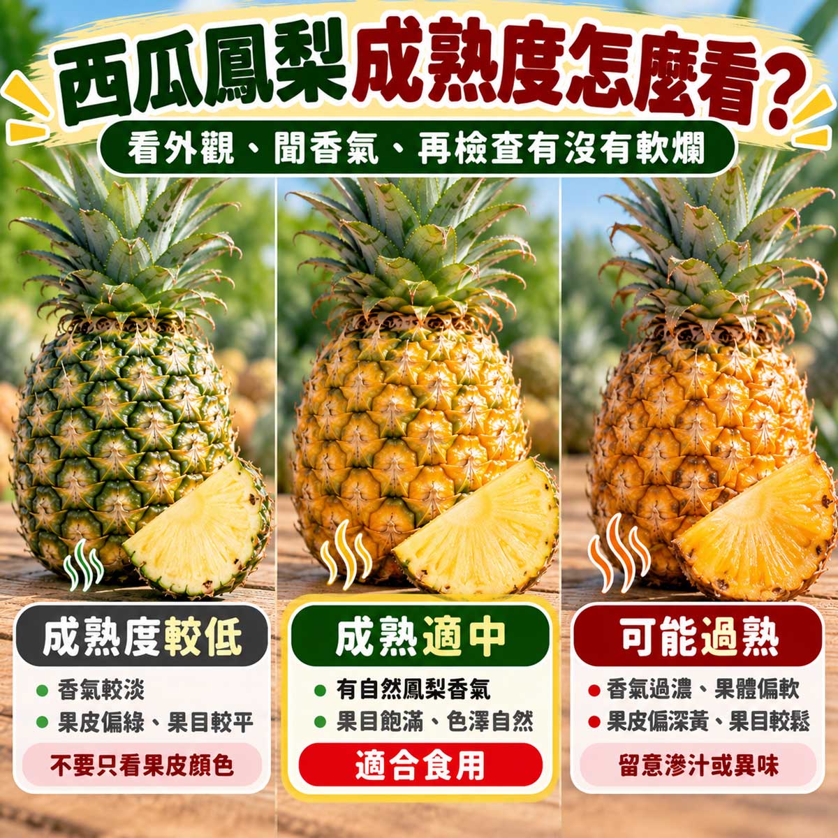 西瓜鳳梨成熟度較低成熟適中與可能過熟比較