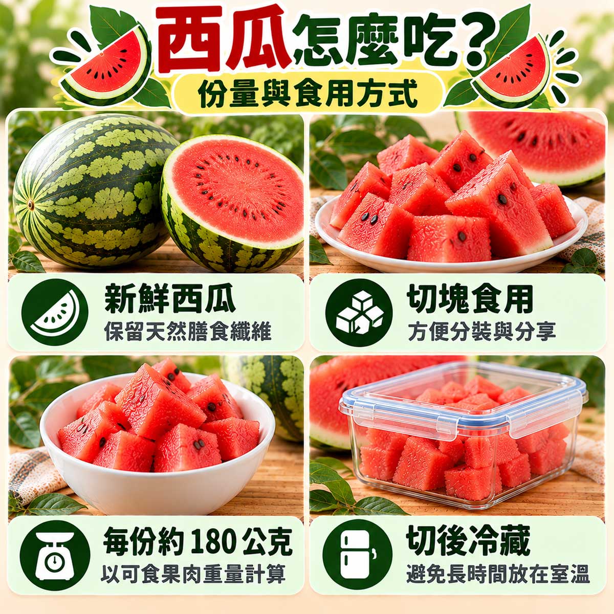 西瓜食用方式，新鮮果肉、切塊分享、約180公克果肉分裝與切後冷藏