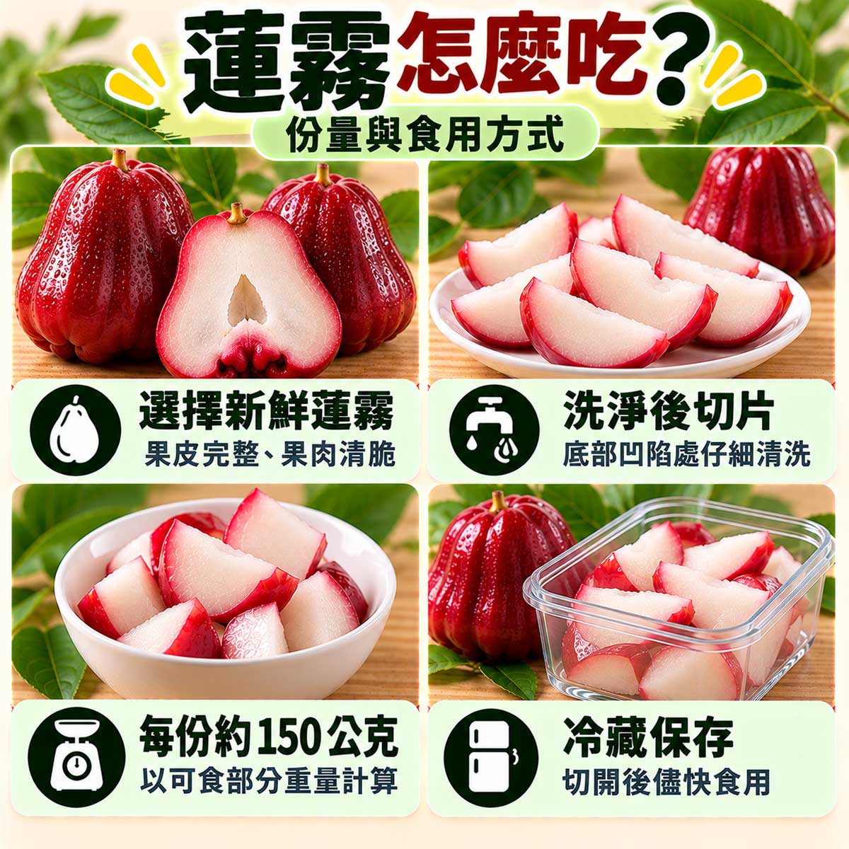 蓮霧食用指南，選新鮮果、清洗底部、約150公克可食部分及冷藏