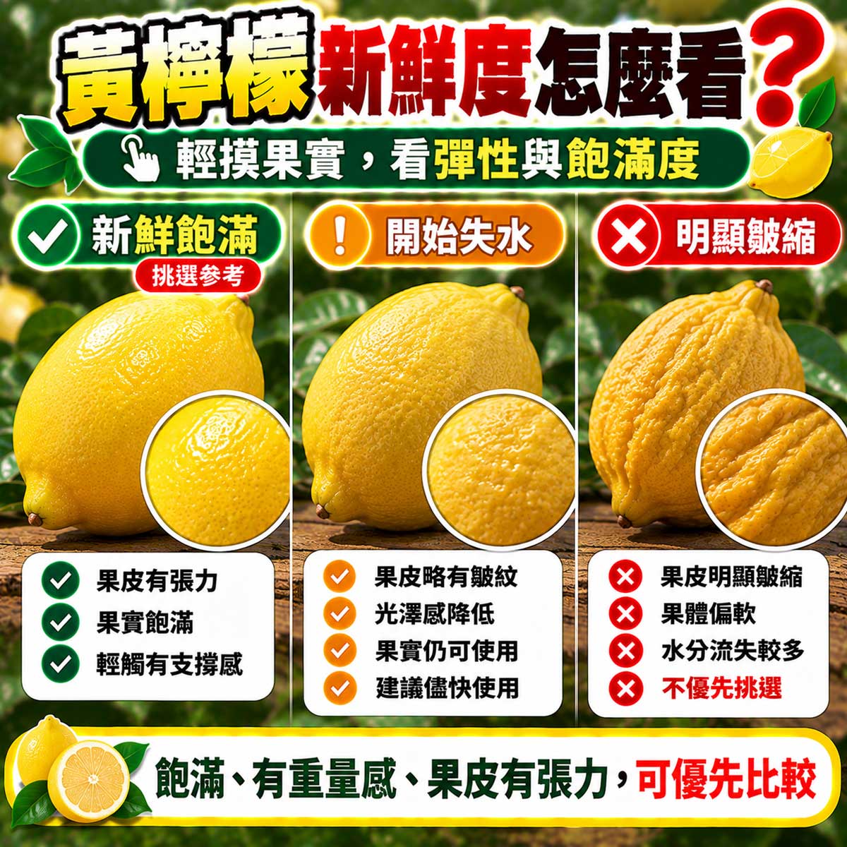 黃檸檬新鮮飽滿開始失水與明顯老化狀態比較