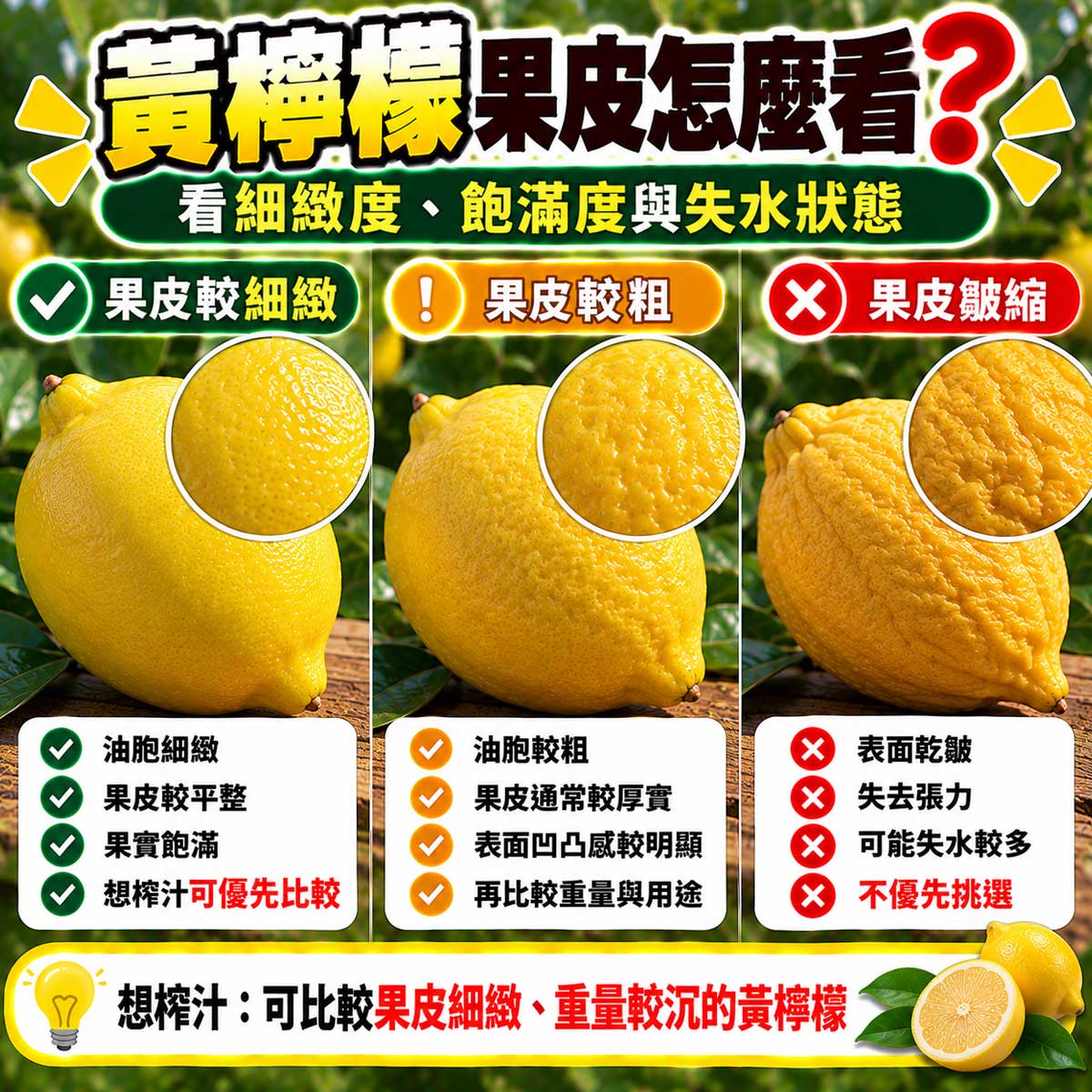黃檸檬果皮光澤張力粗細與完整度比較