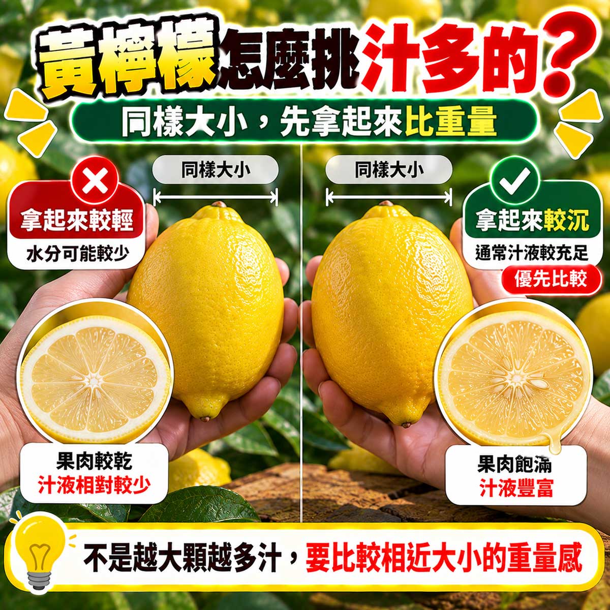 同大小黃檸檬重量感與汁水飽滿度比較